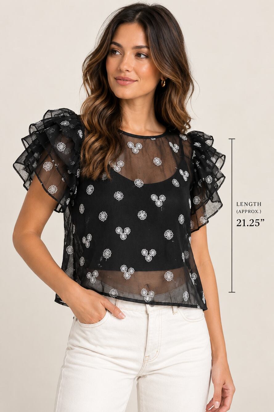Ciao Lucia Rare Sheer Floral Embroidered Ruffle Top S